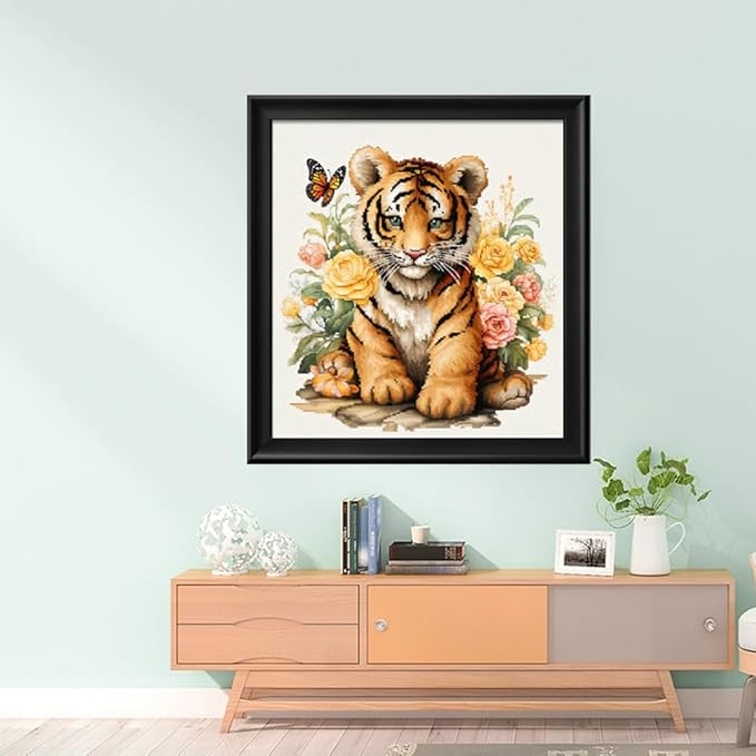 Leczany Cross Stitch Stamped Kit for Adults or Kids - Little Tiger and Butterfly | DIY Embroidery Starter Patterns Craft Kit Needlepoint for Beginner | 11CT, 3 Strands | 14.2x15.8 inches