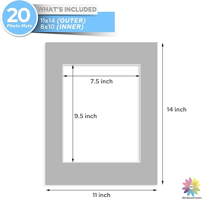 Mat Board Center, Pack of 20 11x14 MIXED COLORS White Core Picture Mats for 8x10 Photos pictures and prints.