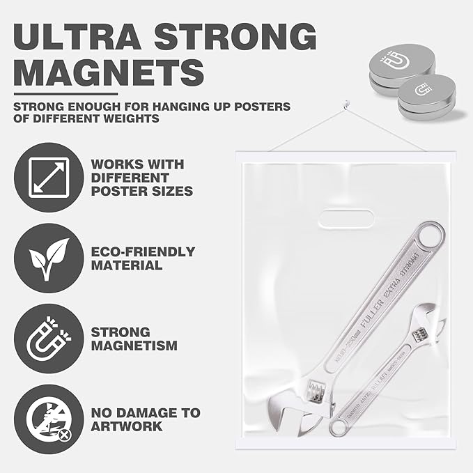 Ywlake Magnetic Poster Hanger, 18x24 18x12 18x24 Poster Frame Wood Wooden Magnet Print Posters Dowel Scroll Hanger Hangers Hanging Kit for Walls Map Canvas Artwork (White, 18")