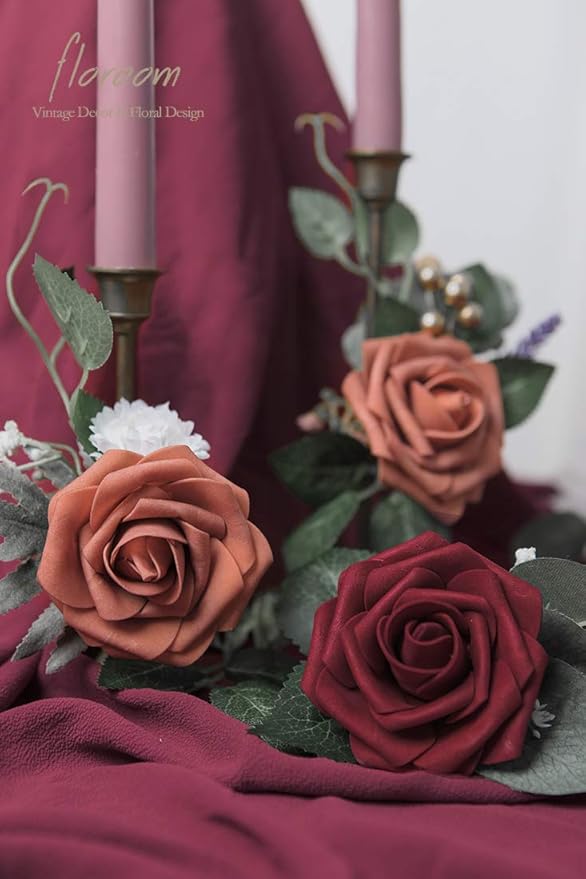 Floroom Artificial Flowers 50pcs Real Looking Burgundy Foam Fake Roses with Stems for DIY Wedding Bouquets Red Bridal Shower Centerpieces Floral Arrangements Party Tables Home Decorations