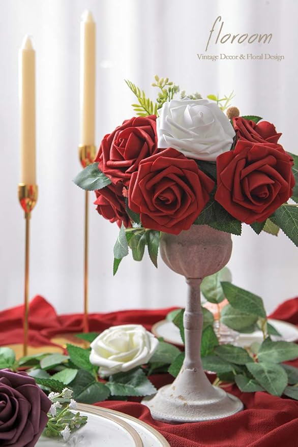 Floroom Artificial Flowers 50pcs Realistic White Foam Fake Roses with Stems for DIY Wedding Bouquets Baby Shower Centerpieces Floral Arrangements Party Tables Home Decorations
