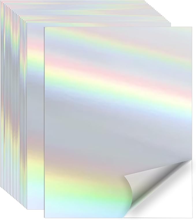 Printable Sticker Paper, 20 Sheets Printable Holographic Sticker Paper, Laser/Inkjet Printing- Holographic, Letter Size (8.5" x 11")