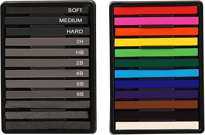 Chalk Pastels, Vine Charcoal and Graphite Sticks for Artists Drawing, Set of 24 Pcs