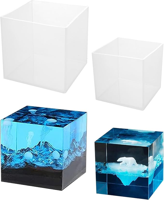 2 Pack Square Resin Molds Cube Silicone Casting Molds, 2 Sizes Epoxy Resin Molds Transparent Square Silicone Molds for Resin Casting, 4 Inch and 3Inch