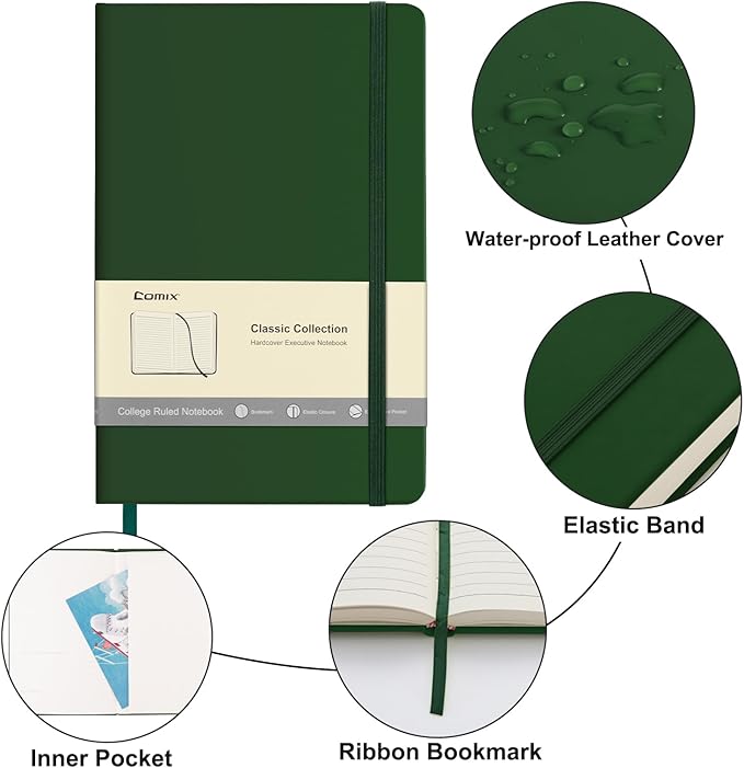 Comix Lined Journal Notebook for Women Men, Journaling Notebooks for Office School Home, Dark Green, 240 Pages, 5.5" x 8.3", College Ruled, A5, Hardcover