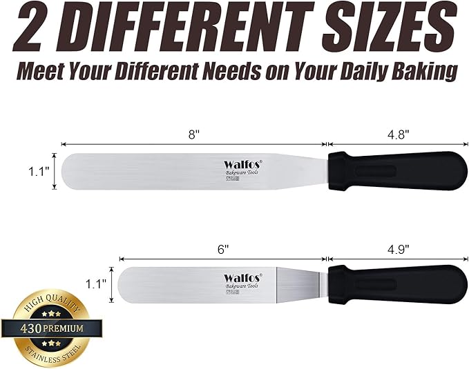 Walfos Icing Spatula, Stainless Steel Cake Spatula with Sturdy and Durable Handle Cake Decorating Spatula - Multi purpose Use for Home, Kitchen or Bakery (6” Angled + 8" Straight)…