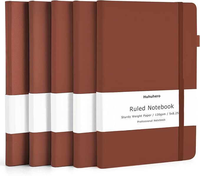 Huhuhero Notebooks Journal, Ruled Notebook, Premium Thick Paper Lined Journal, Black Hardcover Notebook for Office Home School Business Writing Note Taking Journaling, 5"×8.25" (5, Brown)