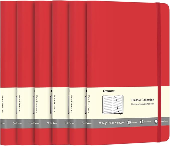 Comix 6 Pack Lined Journal Notebooks for Work, 240 Pages, 5.5"x8.3", Red, Hardcover, A5 Medium College Ruled, Journaling Notebooks for Notes-taking, Fits for Office School Home