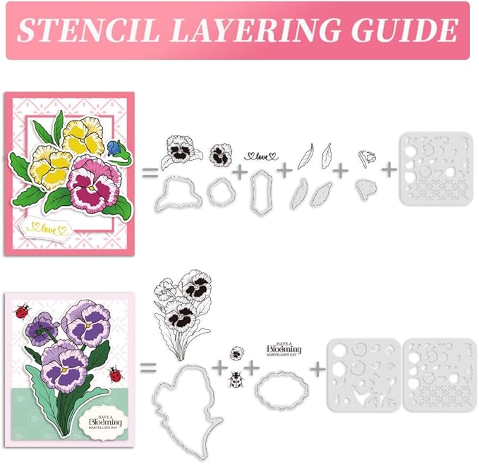 ORIGACH Realistic Pansy Stamps and Dies and Layering Coloring Stencil Set, Silicone Stamps Metal Die Cut and Flower Stencil Template for Card Making Scrapbooking DIY Crafting
