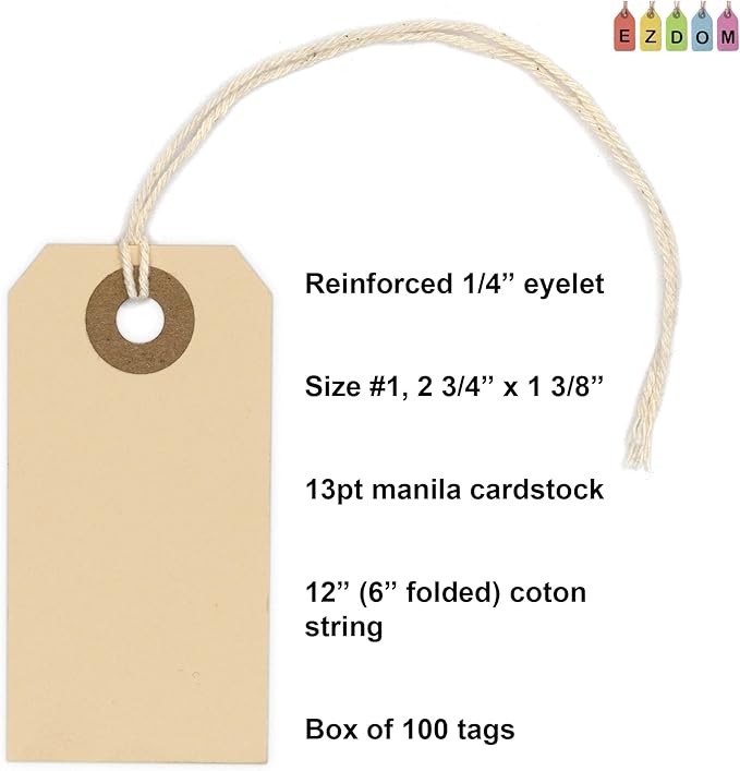 100 Small Manila Paper Tags with String - #1, 2 3/4” x 1 3/8” - Hang Shipping Labels with String Attached and Reinforced Hole, Pre-Strung Tags