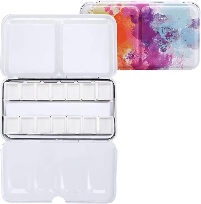 LOONENG Empty Watercolor Palette, Empty Watercolor Tin with Fold Out Palette, Small Colorful Watercolor Tray Palette with 14 Empty Half Pans for Plein Air Painting and Sketching