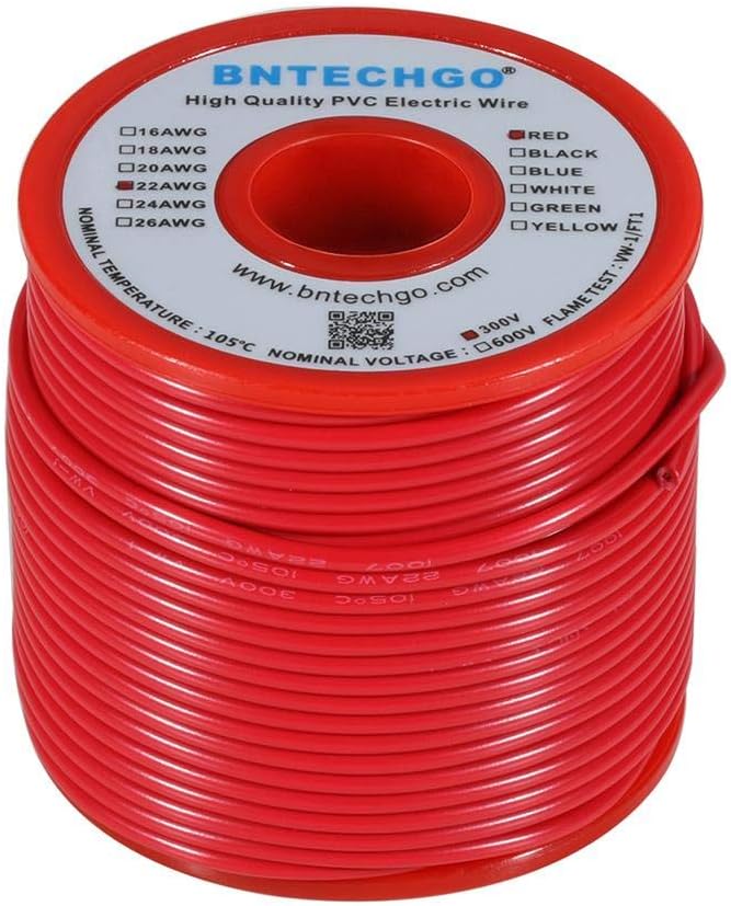 BNTECHGO 22 Gauge PVC 1007 Solid Electric Wire Red 100 ft 22 AWG 1007 Hook Up Tinned Copper Wire