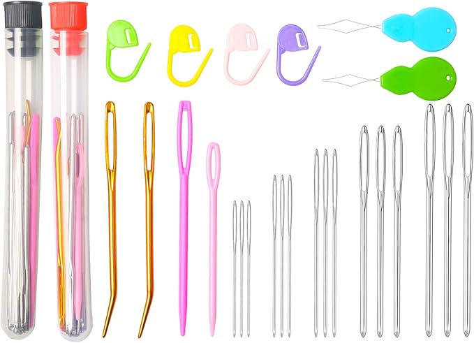 Hekisn 45Pcs Large Eye Blunt Yarn Needles kit, Assorted Sizes Bent Tapestry Darning Needle, Sewing Needles with Needle Threaders & Stitch Markers for Knitting Crochet (Red&Black)