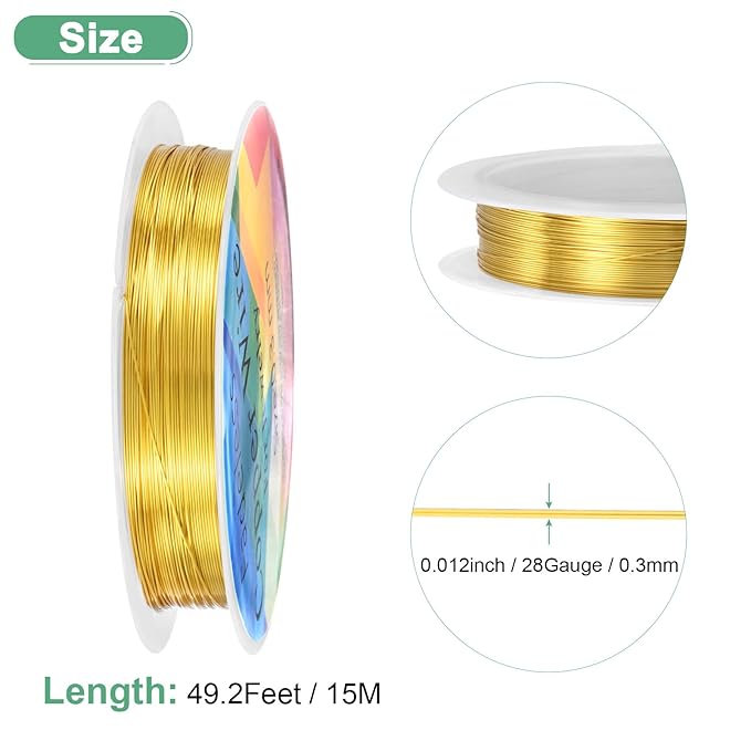 0.3 mm/28 Gauge Copper Wire for Jewelry Making, 49.2FT Copper Beading Craft Wire for Jewelry/Weaving/DIY Crafting/Planting, Color-Retaining [15M, Gold Tone]