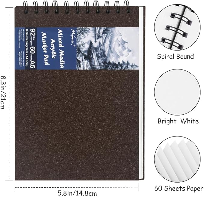 8.3x5.8 Sketch Book, Top Spiral Bound Sketch Pad, 60sheets 92lb/150gsm Bright White Paper, Acid-Free Mixed Media Paper for Painting, Dawing & Art Supplies. B-DarkCoffee