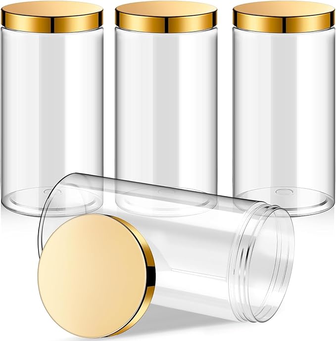 SATINIOR 12 Pack 32 oz Plastic Container Jars with Lids Round Clear Travel Cosmetic Container Slime Jars for Toiletries, Lotion, Cream, Ointments, Makeup, Rhinestone, Samples, Kitchen Storage(Gold)