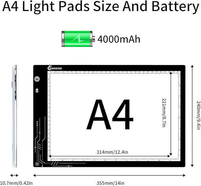 XIAOSTAR Rechargeable Light Box Drawing A4, Tracing Board with Adjustable Brightness for Artists, Animation Drawing, Sketching, X-ray Viewing (A4-RCG)