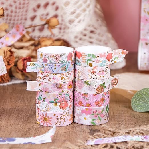 MAFELOE 2 Meters Long 12 Rolls Washi Tape Set, Decorative Adhesive Supplies for Scrapbook Journaling Junk Bullet Art Collage-Floral Print Series-Pink (HZ-3Y-SHMJ-01)
