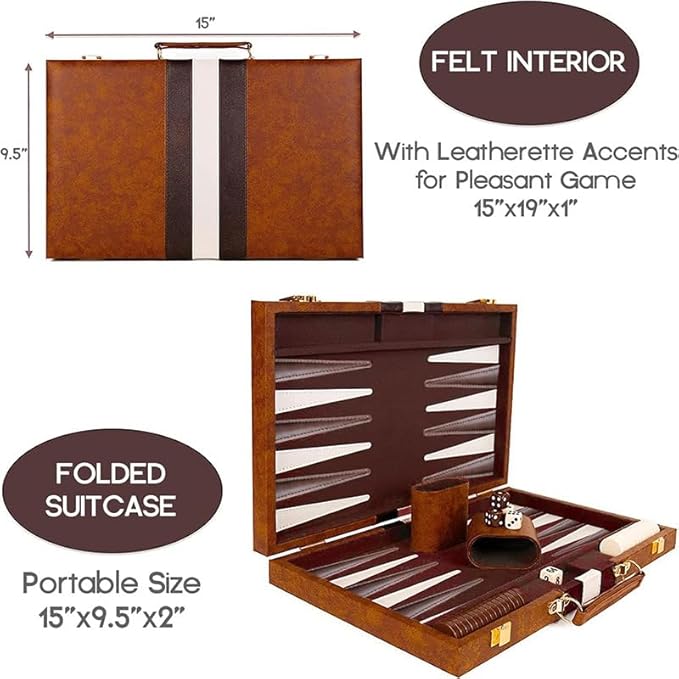 15inch Backgammon Set Classic Folding Board with Leather Case, Portable Travel Game, Ideal Gift Package for Strategy Lovers