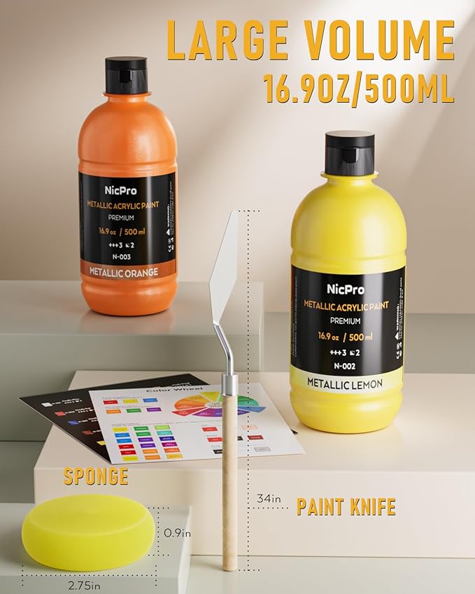 Nicpro Metallic Acrylic Paint Set (16.9 oz, 500 ml), 14 Colors Large Acrylic Paint Bulk, Non Toxic Art Painting Supplies for Multi Surface Canvas Rock Wood Leather Stone Metal Craft with Color Wheel