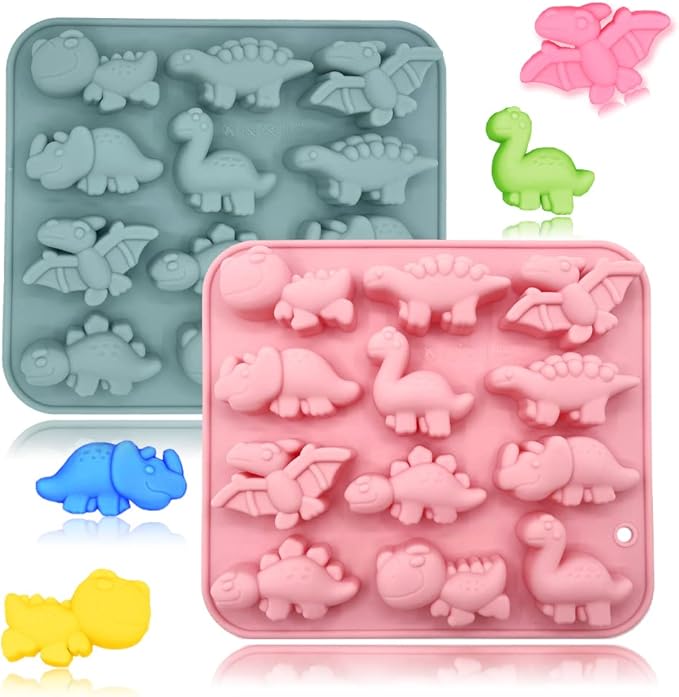 2 Pack 3D Cute Dinosaur Silicone Molds 12 Cavity Dinosaur Themed Baking Mould Tray DIY Baking Tool for Easter Chocolate Cake Dessert Candy Mousse Pastry Handmade Soap Cupcake Topper