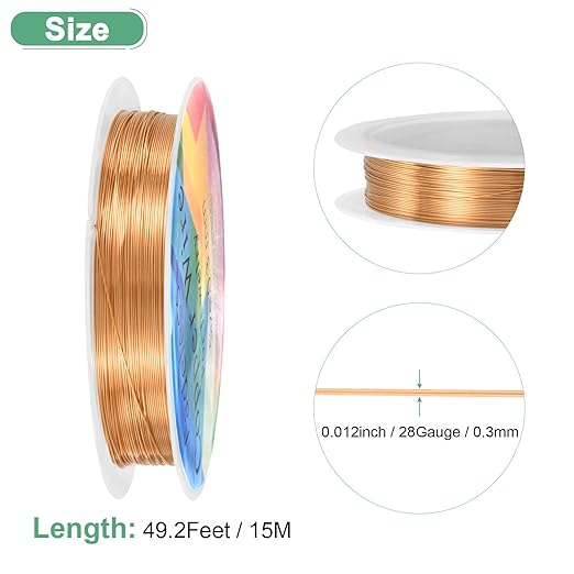 0.3 mm/28 Gauge Copper Wire for Jewelry Making, 49.2FT Copper Beading Craft Wire for Jewelry/Weaving/DIY Crafting/Planting, Color-Retaining [15M, Copper Tone]