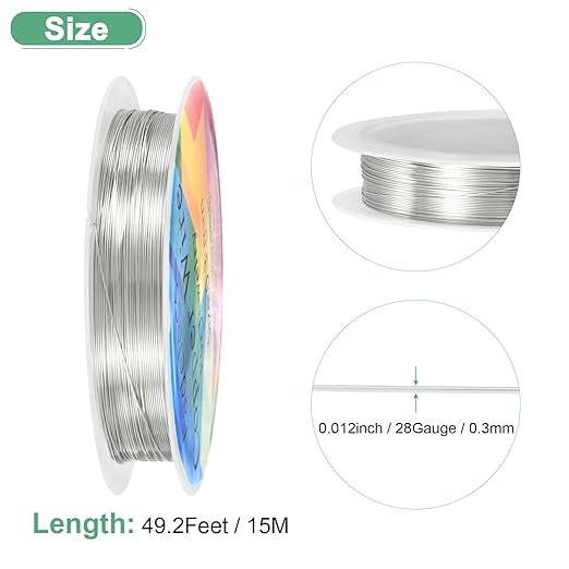 0.3 mm/28 Gauge Copper Wire for Jewelry Making, 49.2FT Copper Beading Craft Wire for Jewelry/Weaving/DIY Crafting/Planting, Color-Retaining [15M, Bright Silver]