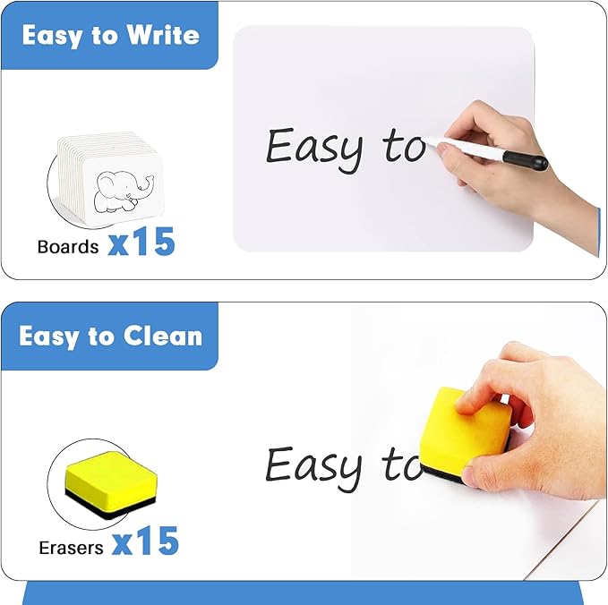 Dry Erase Lapboards, HERKKA 15 Pack Double Sided Small Dry Erase Whiteboards 9 x 12.5 Inch with 15 Erasers, Small Dry Erase Boards for Classroom Teacher Supplies, Personal White Boards for Students
