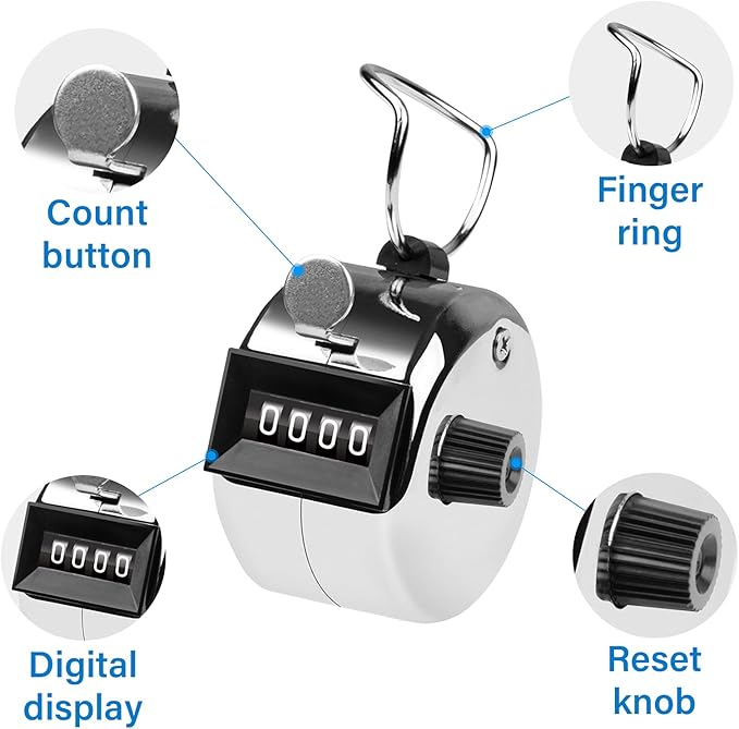 Tally Counter, 4-Digit Clicker Counter, Metal Hand Tally Counters Clicker Pitch Counter for Counting, Knitting, Coaching, Golf, Lap, Fishing
