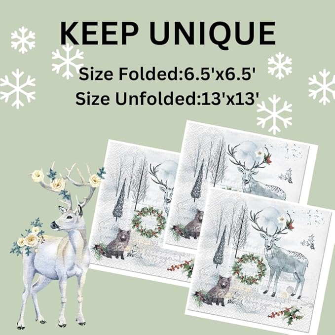20-ct 13x13 Christmas Paper Decoupage Napkins, 3-Ply Servilletas Tissue Napkin for Dinner and Parties, Disposable Napkins (Animal Winter)