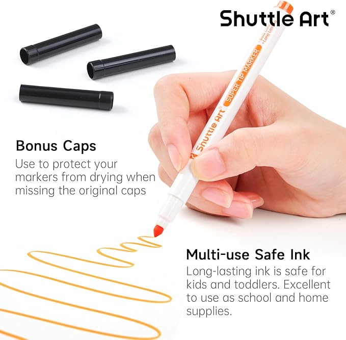 Shuttle Art 240 Pack Washable Super Tips Markers, 12 Assorted Colors Conical Tip Large Markers Bulk with a Box, Bonus Caps, Home Classroom School Supplies for Toddlers Kids Adults Students Teachers
