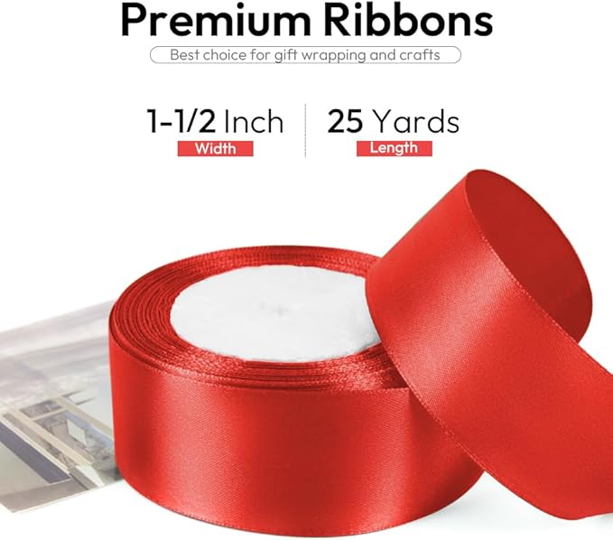 1-1/2 Inch 25 Yards Satin Ribbon Red, Solid Color Fabric Ribbon for Gift Wrapping, Wedding, Polyester Gift Ribbon for Birthday Party Decoration, Craft, Hair, Floral, Sewing