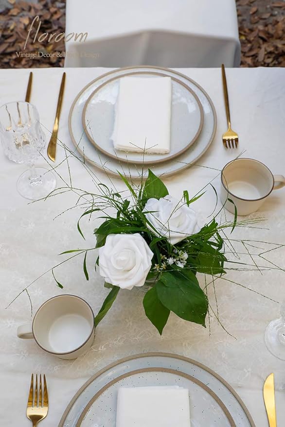 Floroom Artificial Flowers 50pcs Realistic White Foam Fake Roses with Stems for DIY Wedding Bouquets Baby Shower Centerpieces Floral Arrangements Party Tables Home Decorations