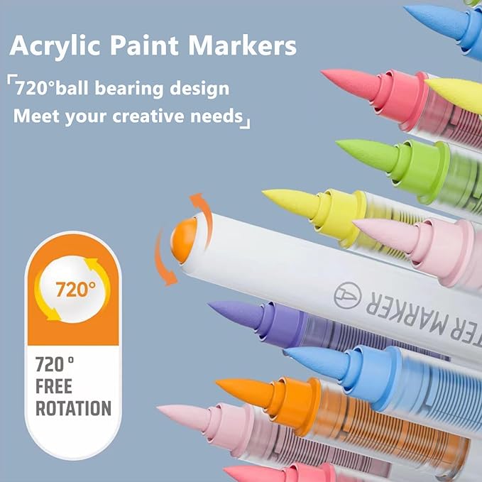 Water Based Acrylic Paint Markers, 9 Colors Acrylic Paint Pens Set with Soft Brush Tip, Marker Pen for Rock Painting, Egg, Wood, Glass, Paper, Acrylic Painter Ink (Dopamine Series-2)