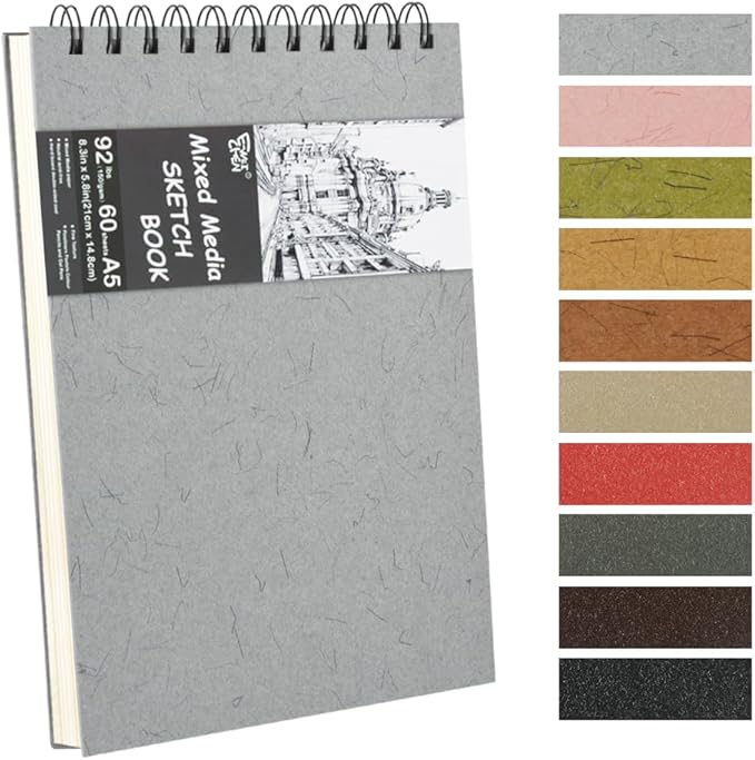 8.3x5.8 Sketch Book, Top Spiral Bound Sketch Pad, 60sheets 92lb/150gsm Nature White Paper, Acid-Free Mixed Media Paper for Painting, Dawing & Art Supplies. N-Grey