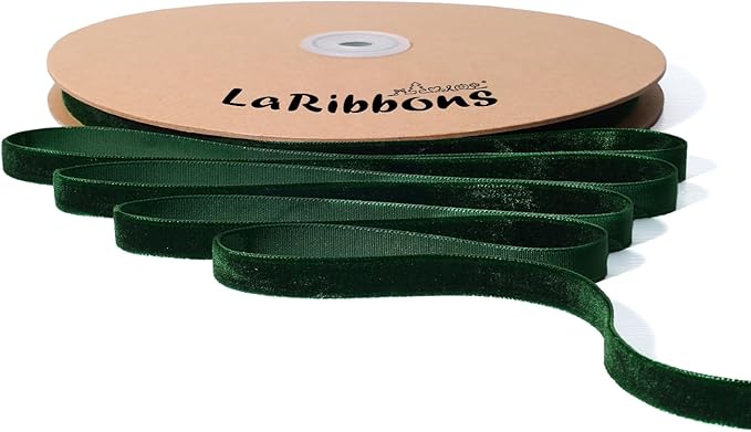 LaRibbons Thin Velvet Ribbon 3/8 Inch x 25 Yards, Dark Green Velvet Ribbon for Christmas Tree, Gift Wrapping, Wreath Bow, Outdoor Decoration