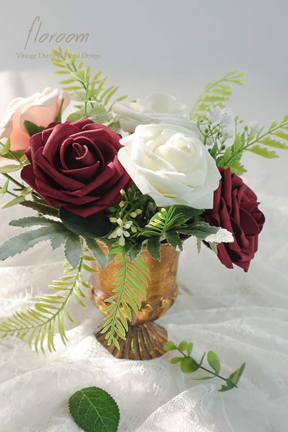 Floroom Artificial Flowers 50pcs Real Looking Burgundy Foam Fake Roses with Stems for DIY Wedding Bouquets Red Bridal Shower Centerpieces Floral Arrangements Party Tables Home Decorations