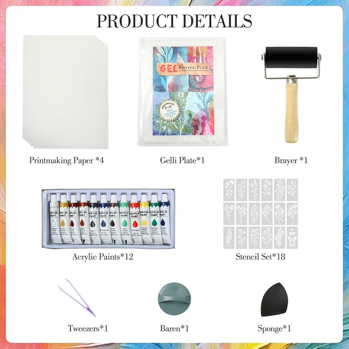 Gel Printing Plate kit - Gel Plate Printing for Mixed Media Art, 8" X 10" Gel Plate,Printing Supplies, Reusable Gel Plate Kit for Card Making, Brayers for Gel Printing, Printmaking Supplies Home Decor