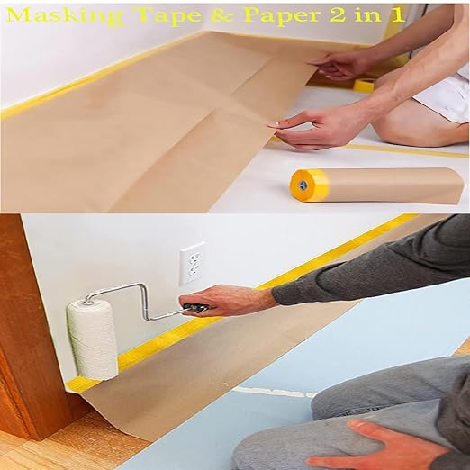 Masking Paper, Paint Masking Paper with Adhesive,20 Inch x 50 Feet Painters Paper Roll, Tape and Drape Painters Paper, for Auto Body Masking, Wall Covering and Paint Masking (20 inch x 50feet, 1)…