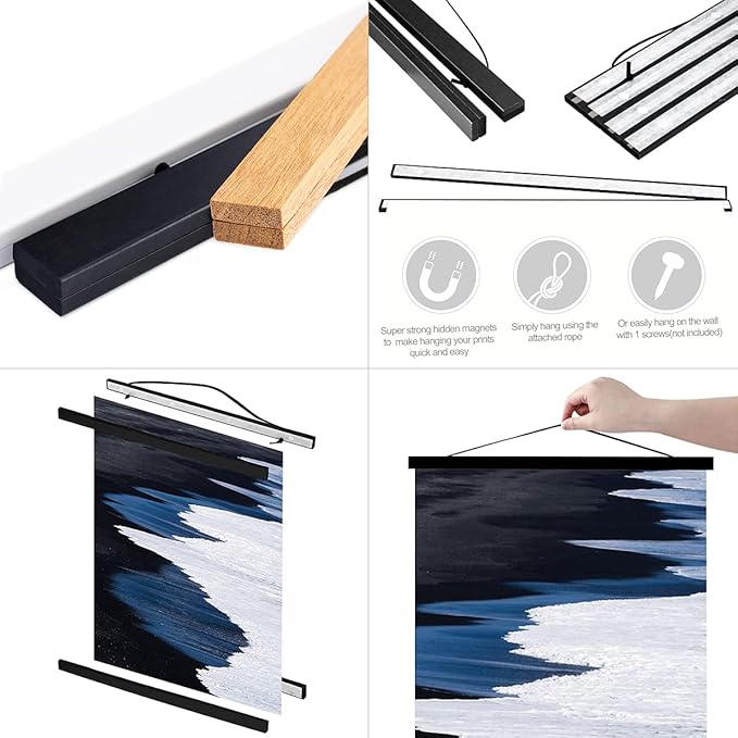 Ywlake Magnetic Poster Hanger, 9x12 9x14 9x17 Poster Frame Wood Wooden Magnet Print Posters Dowel Scroll Hanger Hangers Hanging Kit for Walls Map Canvas Artwork (Black, 9")