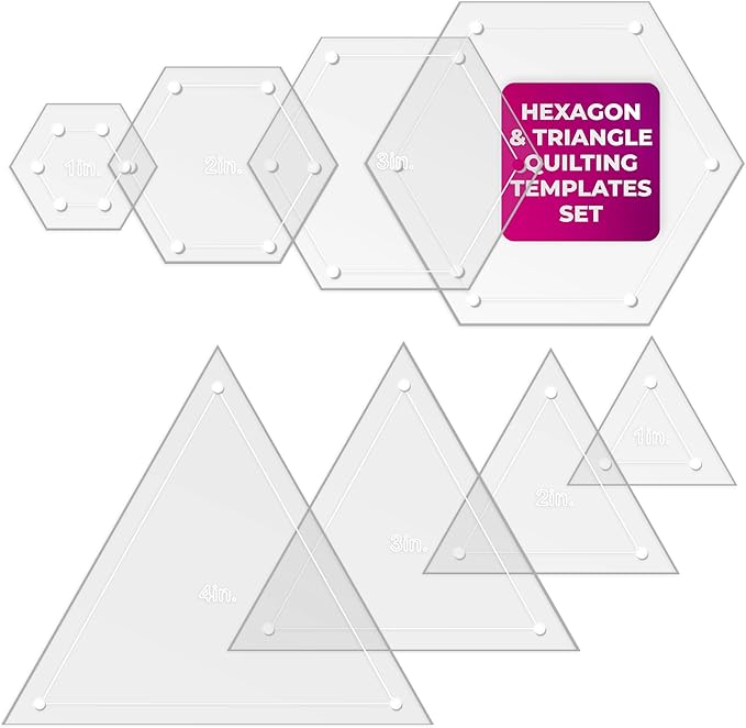 Quilting Acrylic Template Set | Precision Tools for Quilting Enthusiasts | Hexagon & Triangle Design | Includes Sizes 4", 3", 2", 1" | 1/8 Clear Acrylic | 1/4" Seam Allowance for Accuracy