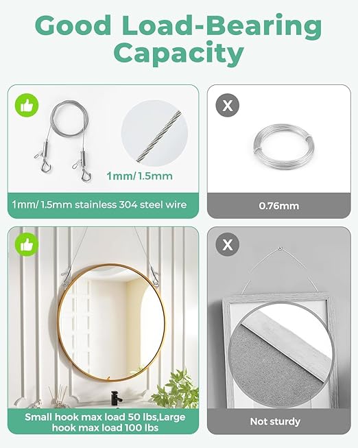 4PCS Adjustable Picture Hanging Wire 1m x 1mm Small Hooks, Picture Frame Wire Kit Heavy Duty 50lbs, Stainless Steel for Art, Mirror, Light Lamp, Billboards, Basket Flowerpot