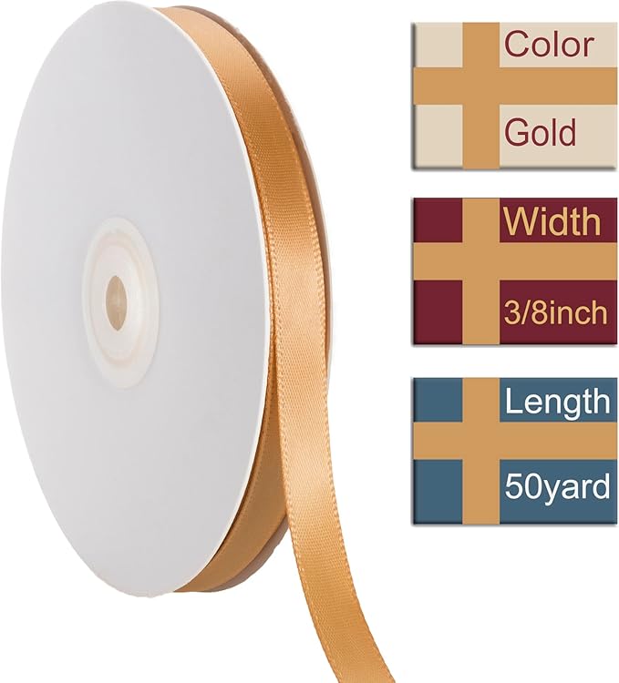 3/8 Inch Gold Ribbon, 50 Yards Craft Polyester Satin Ribbon Perfect for Gift Wrapping, Handmade Roses, Wedding Party Decorations and DIY Crafts