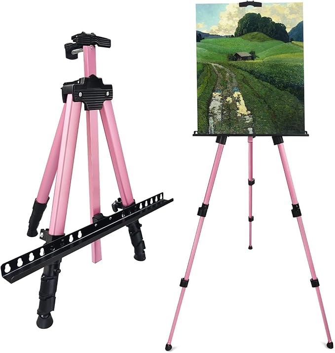 RRFTOK Artist Easel Stand, Aluminum Metal Adjustable Easel for Painting Canvases Height from 17 to 66 Inch,Carry Bag for Table-Top/Floor Drawing and Displaying(Pink)