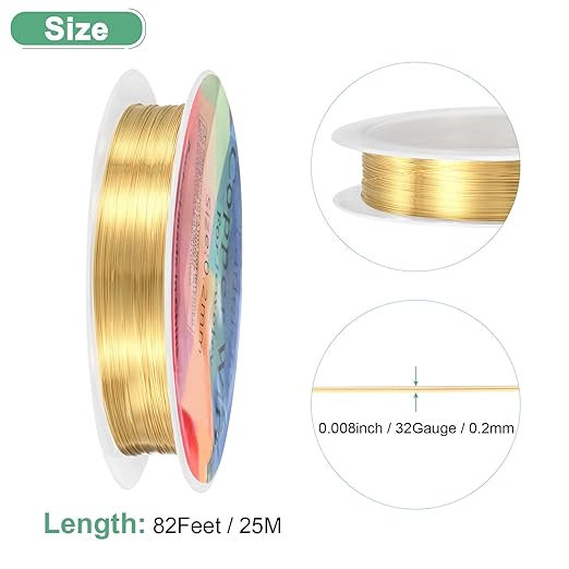 0.2 mm/32 Gauge Copper Wire for Jewelry Making, 82FT Copper Beading Craft Wire for Jewelry/Weaving/DIY Crafting/Planting, Color-Retaining [25M, KC-Gold]