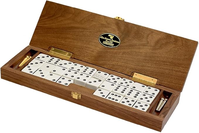 Alex Cramer Le Club' Luxury Domino Set with Handcrafted Walnut Case and Cribbage/Counter Top - Tournament Quality 28 Indestructible (Double 6 Domino Set with Brass Plate)