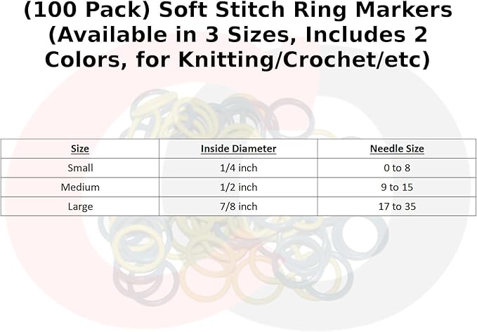 (100 Pack) Soft Stitch Ring Markers, Blue & Yellow (Medium Size for Needle Sizes 9-15, Includes 2 Colors, for Knitting/Crochet/etc)