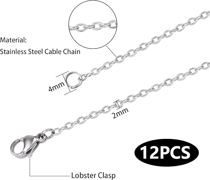 Wholesale 12 PCS Stainless Steel Flat Cable Chain Link Necklace Chains Bulk for Jewelry Making (20 Inch(2MM))