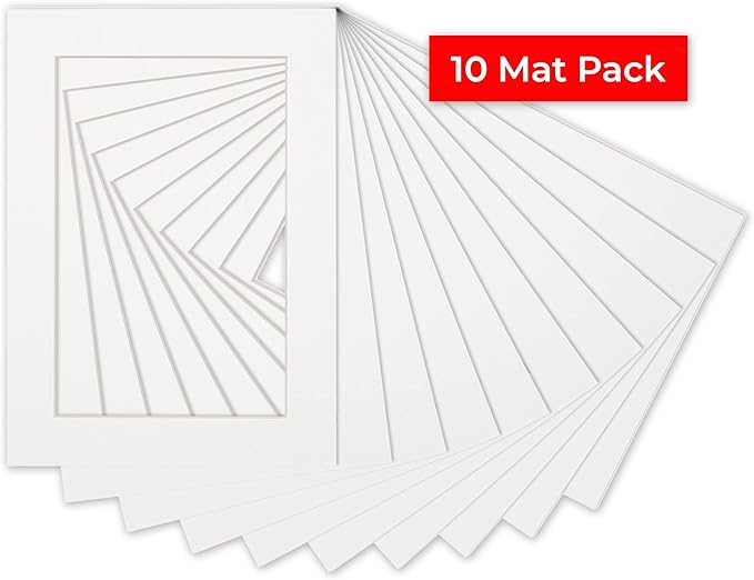 Pack of Ten Acid Free 8x10 Mats Bevel Cut for 5x8 Photos - White Precut Matboards with Backing Boards and Self Seal Photo Mat Bags for Pictures, Photos, Framing - 4-ply Thickness