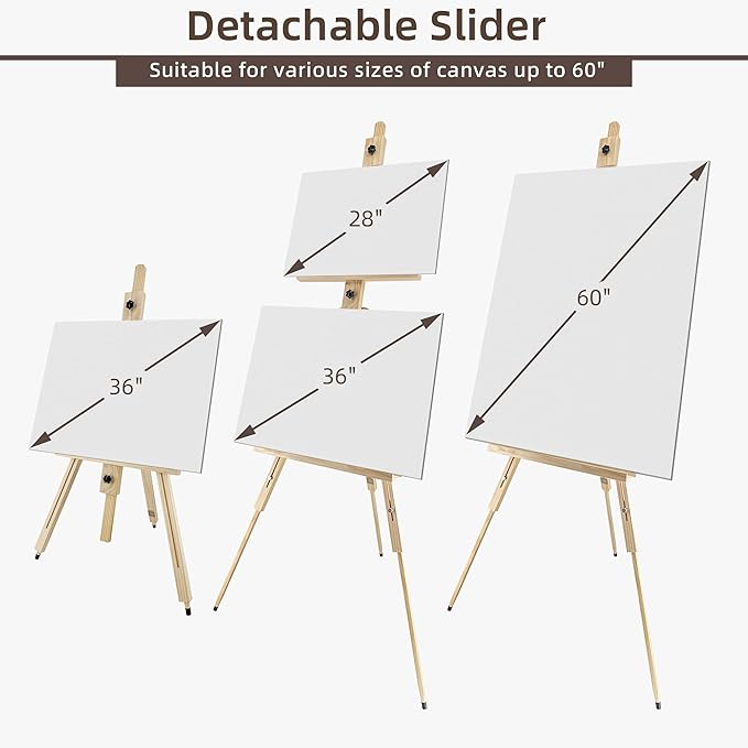 Tripod Easel for Painting, Art Wooden Easel Stand for Adults or Students, Hold 1 or 2 Canvas up to 60’’, Display Portable Easel for Drawing, Landscape Artist, Wedding Sign, Pine